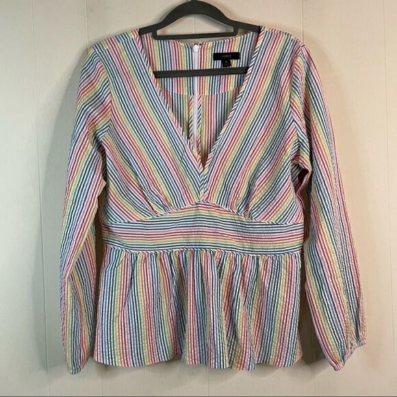 J. Crew V-Neck Rainbow Seersucker Peplum Top - Picture 1 of 4